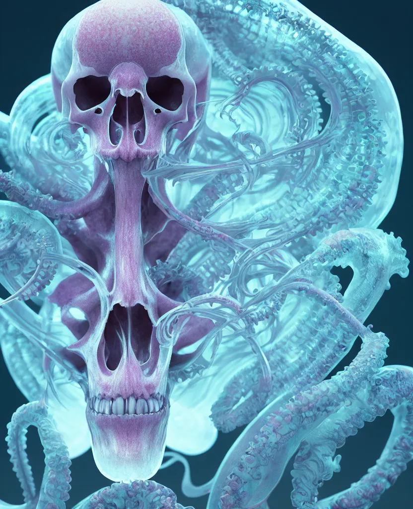 Image similar to absolute symmetry!! goddess close - up portrait human skeleton, ram skull, squid phoenix jellyfish, orchid, betta fish, bioluminiscent, intricate artwork by tooth wu and wlop and beeple. octane render, trending on artstation, greg rutkowski very coherent symmetrical artwork. cinematic, hyper realism, high detail, octane render, 8 k