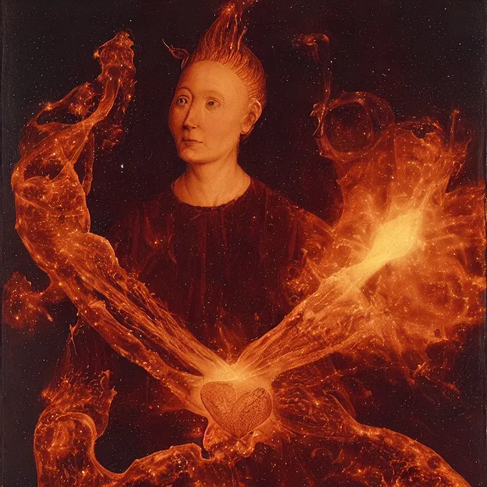 Image similar to a closeup portrait of a horned women, casting hearts into a flame, in an eel nebula, golden hour, by jan van eyck