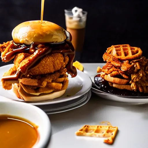 Image similar to photograph of a crispy Cajun fried chicken sandwich with Belgian Waffle Bun, maple syrup & hot fudge, ice cream on the side, 4K, HD