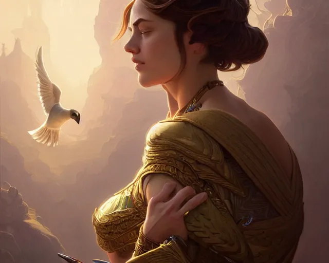 Image similar to a puzzled goose trying to find inner peace, deep focus, d & d, fantasy, intricate, elegant, highly detailed, digital painting, artstation, concept art, matte, sharp focus, illustration, hearthstone, art by artgerm and greg rutkowski and alphonse mucha