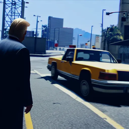 Image similar to donald trump busted in gta v, open world gameplay, isometric view, ps 5 screenshot, third person perspective, 3 d render, cryengine, highly detailed