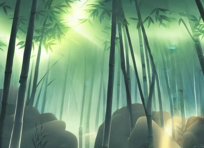 Prompt: deep in a misty japanese bamboo forest, small river, mountain background, sunny, cartoony, 9 0 s anime style, sun rays, soft, moody lighting, by hayao miyazaki, ghibli studio, makoto shinkai, toei animation, studio trigger, trending on artstation, 4 k, hd