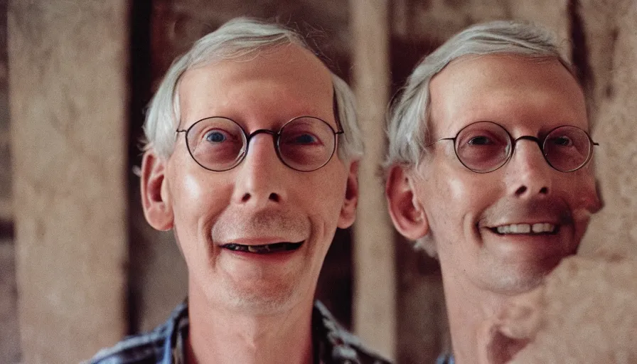 Image similar to far view, extremely skinny malnourished mitch mcconnell, wearing dirty overalls, dirty greasy face, grin, portrait, close up, kodak gold 2 0 0, 5 0 mm,