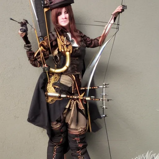 Image similar to full body photo of a steampunk female archer