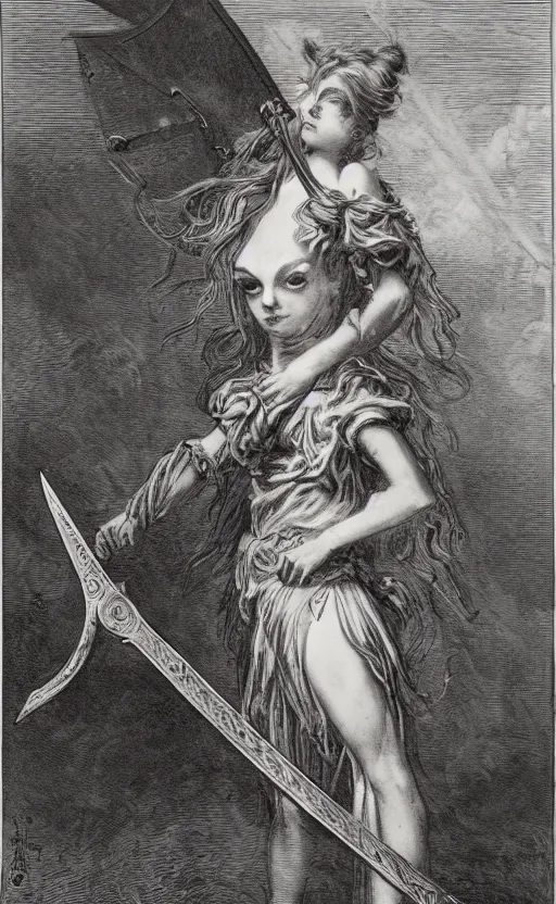 Prompt: a collaboration between gustave doré and karel appel featuring a magical girl with a claymore sword