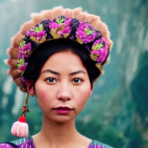 Prompt: closeup photo of a young chinese mexican brazillian tribal woman in the style of rosie matheson in a film still of the grand budapest hotel ( 2 0 1 4 )