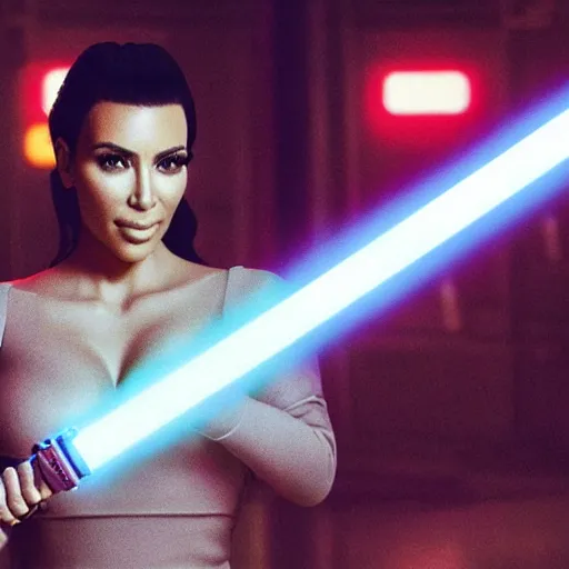 Image similar to kim kardashian holding a lightsaber in star wars episode 3, 8k resolution, full HD, cinematic lighting, award winning, anatomically correct