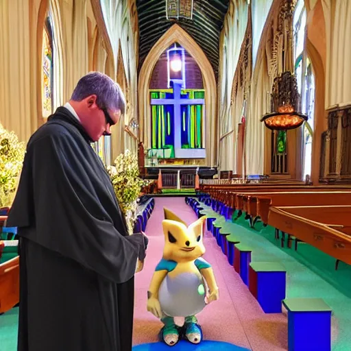 Image similar to catholic big chungus praying at church with sonic