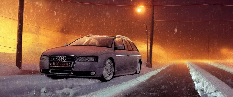 Prompt: Audi A4 B6 Avant (2002), a gritty neo-noir, dramatic bright lighting, cinematic, establishing shot, extremely high detail, photorealistic, cinematic lighting, artstation, by simon stalenhag, Snowy italian road, Snowy Alps, car crash, At night, Poets of the Fall - Late Goodbye