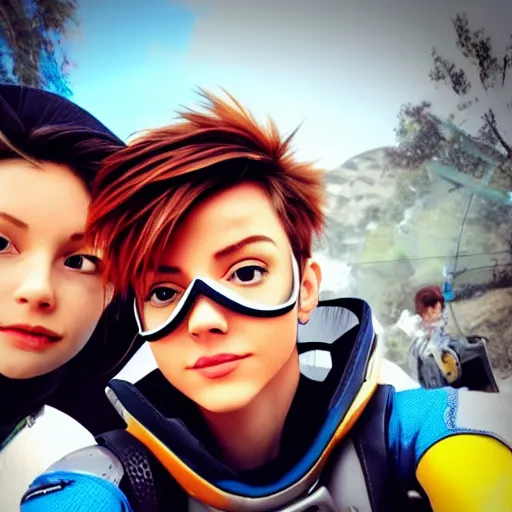 Prompt: tracer from overwatch smartphone selfie with friends