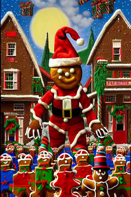 Image similar to a hyperrealistic painting of a 3 d christmas nightmare with giant mechanical evil gingerbread man, march of the wooden soldiers, santa's workshop, cinematic horror by chris cunningham, lisa frank, richard corben, highly detailed, vivid color,