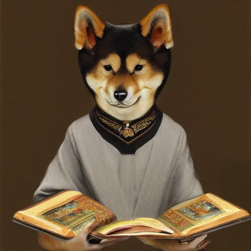 Image similar to lotus pose, anthropomorphic shiba inu, wearing for man ukrainian traditional black vyshyvanka clothes, reading book, portrait art by donato giancola and greg rutkowski, realistic face, digital art, trending on artstation, symmetry