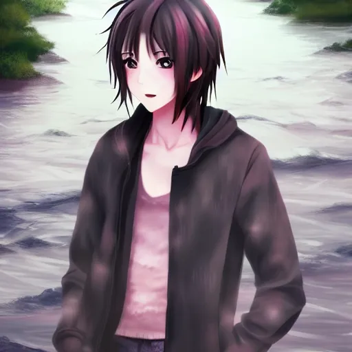 Image similar to cute anime boy standing by a large river,detailed face,detailed eyes,pink lips,upturned nose, digital art , highly detailed , high contrast, beautiful lighting, award winning , trending on art station, photorealistic, 8k