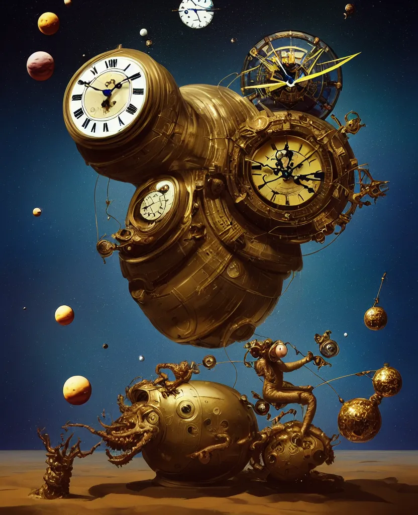 Image similar to duotone surreal illustration 3 / 4 portrait of chimeric monster measuring time on salvadore dali clock in outer space, dark starry background. golden ratio accidental renaissance. by sachin teng and sergey kolesov and ruan jia and heng z. graffiti art, scifi, fantasy, hyper detailed. octane render. concept art. trending on artstation