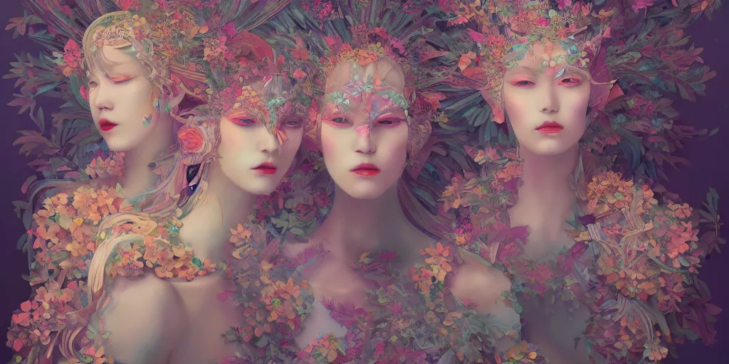 Image similar to breathtaking detailed concept art painting kaleidoscope art deco pattern of blonde faces goddesses amalmation flowers, by hsiao - ron cheng, bizarre compositions, exquisite detail, extremely moody lighting, 8 k