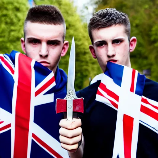 Image similar to mid-shot portrait photograph of two male British chav youths holding knives and smoking in front of the Union Jack, high quality