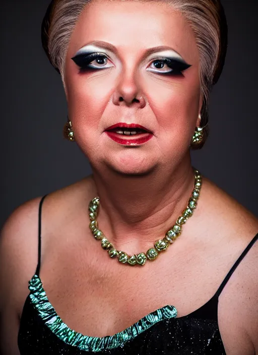 Image similar to studio portrait of lindsey graham in full drag dressed in drag dressed as a woman makeup, 8 k, studio lighting, key light, back light, sequents,