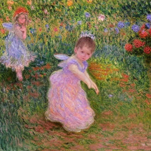 Prompt: A baby girl crawling in a fantasy garden with fairy around, oil painting, detailed, art by Claude Monet