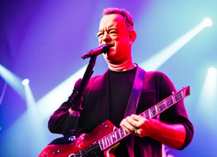 Prompt: publicity photo still of tom hanks on tour with limp bizkit playing live on stage, 8 k, live concert lighting, mid shot