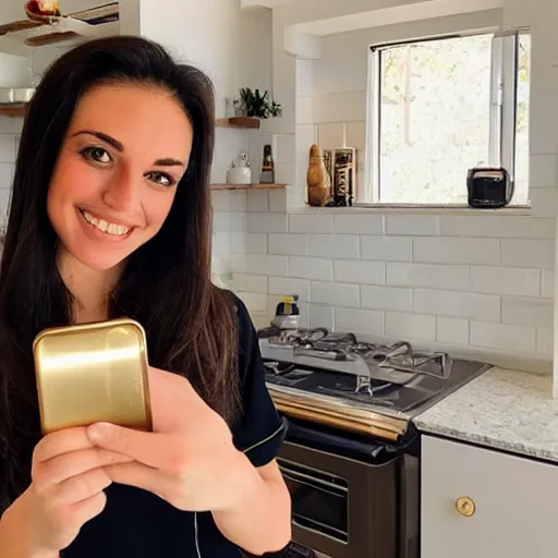 Image similar to a selfie of a brunette female, young, athletic, australian, wearing a gold tshirt in a kitchen