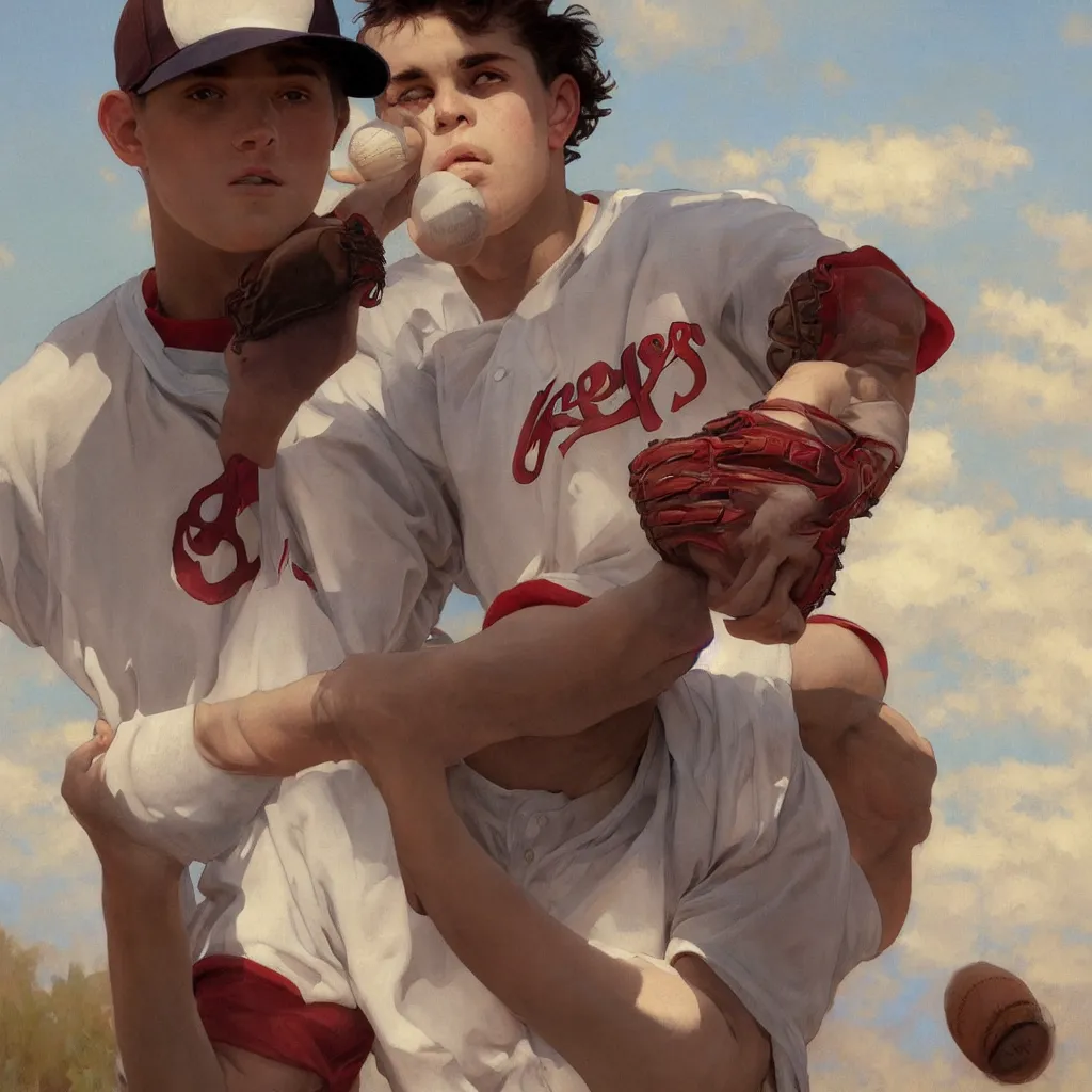 Prompt: portrait of a young baseball player, playing a baseball, correct body structure, blue sky and white clouds, male, gorgeous, red eyes, peaceful expression, detailed face, amazing, thighs, the feeling of summer, intricate, highly detailed, digital painting, artstation, concept art, sharp focus, illustration, art by greg rutkowski and alphonse mucha