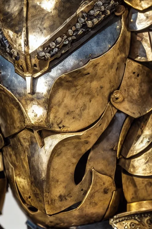 Prompt: highly detailed lion armor helmet and chest piece. close up photography. ancient armor. gold.