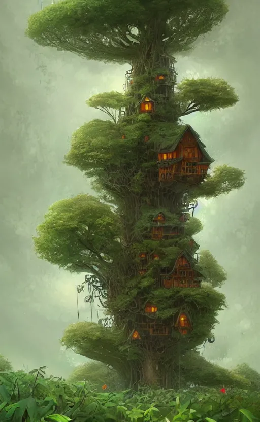 Prompt: a very tall tree with lots of plants growing on it, giant redwood treehouse, concept art by gediminas pranckevicius, cgsociety contest winner, fantasy art, dystopian art, made of vines, artstation hd