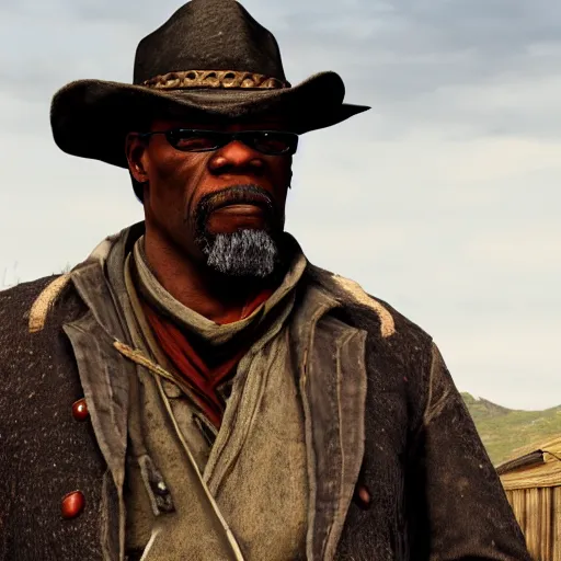 Image similar to film still of Sam Jackson in the Red Dead Redemption movie