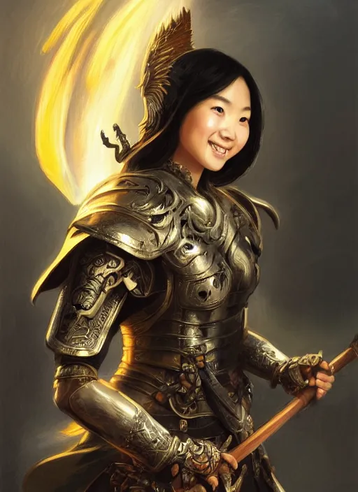 Image similar to Close-up portrait of smiling young asian woman wearing a black armor with skulls and a winged helmet and, holding a magic staff, portrait, fireball, highly detailed, digital painting, artstation, concept art, sharp focus, illustration, art by artgerm and greg rutkowski and alphonse mucha