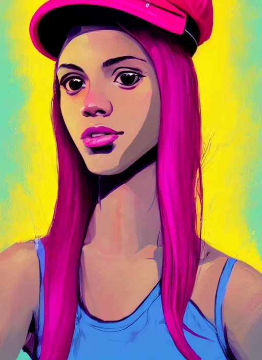 Image similar to portrait of teenage vanessa morgan with bright pink hair, black girl, curly pixie cut hair, wearing newsboy cap, pink short haircut, newsboy cap, hoop earrings, blue eyes, intricate, elegant, glowing lights, highly detailed, digital painting, artstation, concept art, smooth, sharp focus, illustration, art by wlop, mars ravelo and greg rutkowski