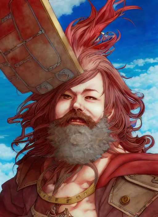 Image similar to prompt : ragnarok online portrait soft light painted by james jean and katsuhiro otomo and erik jones, inspired by akira anime, epic fantasy, a long red haired, red bearded male sky - pirate smirking whilst standing in front of an airship, intricate oil painting, high detail illustration, sharp high detail, manga and anime 1 9 9 9