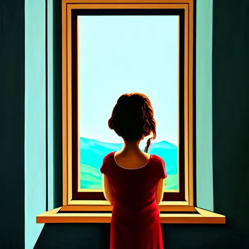 Image similar to a girl pensively looking out the window, painting by jeffrey smith