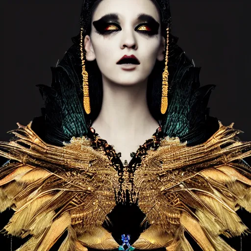 Image similar to a hyperrealistic portrait of a fierce proud queen of ravens, in a black dress with a collar made of iridescent feathers and golden adornments, geometrical background, intricate details, by zhang jingna and soey milk and amir ershadi and anja millen