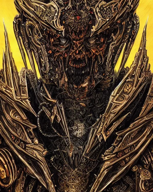 Prompt: a highly detailed portrait of ankou the evil lord staring with anger and wearing ornate armor made of sci fi panels and a gold death mask by philippe druillet, death and corruption, smooth, intricate, sinister, evil energy, souls of the dead, dark aura, matte painting, artstation, evild ark color scheme, dark fantasy sci fi, sharp focus, cgsociety