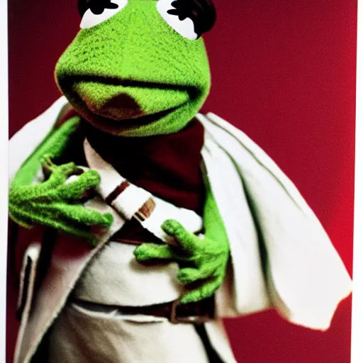 Prompt: Kermit the frog as Obi Wan, lightsaber lighting, polaroid photo, white frame, by Warhol,