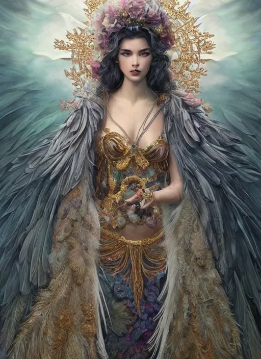 Image similar to real photoshoot heaven goddess, wearing a feathered cloak and a fancy silk floral dress, ornate, ultra realistic, concept art, intricate details, eerie, highly detailed, photorealistic, octane render, 8 k, unreal engine. art by artgerm and greg rutkowski and charlie bowater and magali villeneuve and alphonse mucha