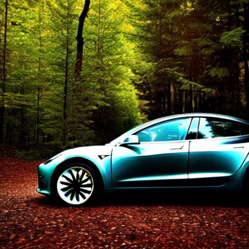 Image similar to renaissance painting of a tesla model 3 in a forest at sunset