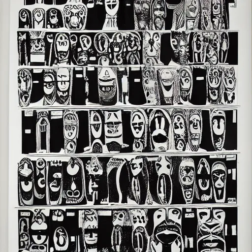 Prompt: A black and white screen print of gallery exhibition view from the 60s, anthropology, colonial, wild, exotic, masks, ethnography, screen printing