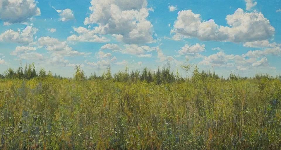 Prompt: an endless flat world of concrete, overgrown with vegetation, blue sky with clouds, beautiful painting, oil on canvas, by Ewa Czarniecka, award winning masterpiece,