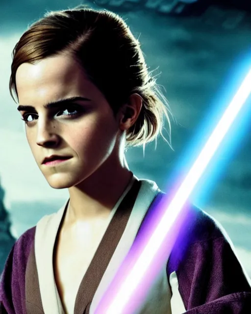 Prompt: emma watson as a jedi with ripped and damaged clothes holding a purple lightsaber in her hands, very dark background, official star wars episode xii movie poster, perfect symmetrical face, moody lighting, 8 k, shallow depth of field, intricate detail,