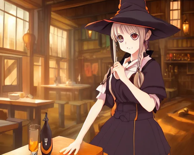 Image similar to key anime visual portrait of a young female witch carrying a backpack in a tavern interior, dynamic pose, dynamic perspective, cinematic, dramatic lighting, muted colors, fine detail, textured, big detailed eyes, anatomical proportions