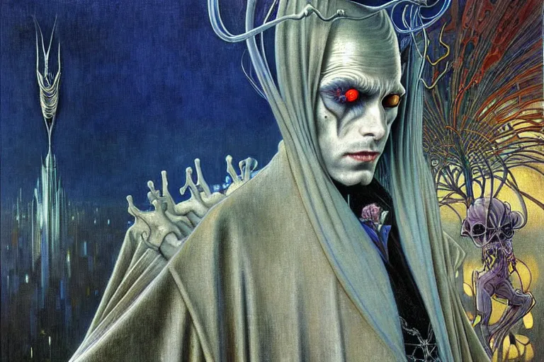 Image similar to realistic extremely detailed portrait painting of an elegantly creepy vampire man in a cape, futuristic sci-fi city on background by Jean Delville, Amano, Yves Tanguy, Alphonse Mucha, Ernst Haeckel, Edward Robert Hughes, Roger Dean, rich moody colours, blue eyes