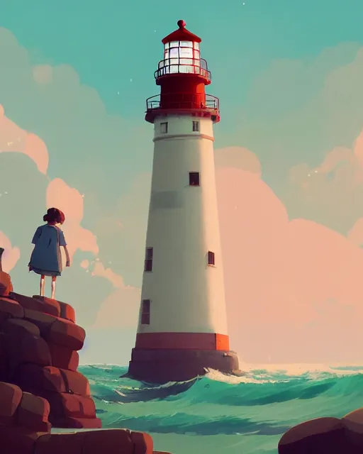 Prompt: painting of lighthouse in the sea by cory loftis, james gilleard, goro fujita, makoto shinkai, simon stalenhag, atey ghailan, makoto shinkai, goro fujita, studio ghibli, rim light, exquisite lighting, clear focus, very coherent, plain background, soft painting