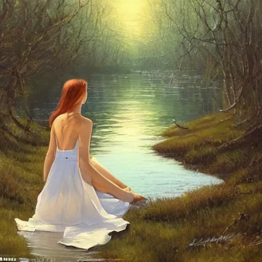 Prompt: a beautiful painting of the back view of a young lady in white dress sitting by the river in a grown forest, washing her dark long hair, sunlight reflected on the river, Moebius, Mohrbacher