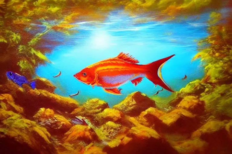 Prompt: fish, fantasy, painting, ultra realistic!!!, clear weather, golden hour, sharp focus