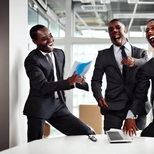 Prompt: stock photo of ten black people laughing wearing suits and ties in an office building, 8k resolution, full HD, cinematic lighting, award winning, anatomically correct