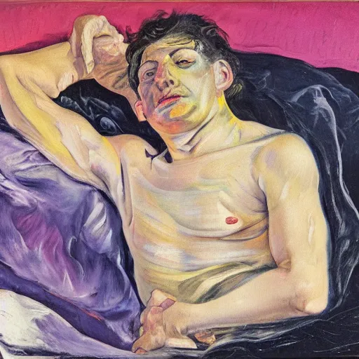 Image similar to high quality high detail expressionist painting of a man sick in bed by lucian freud and jenny saville and francis bacon and francisco goya and edvard munch, hd, anxiety, turquoise and purple and orange and pink