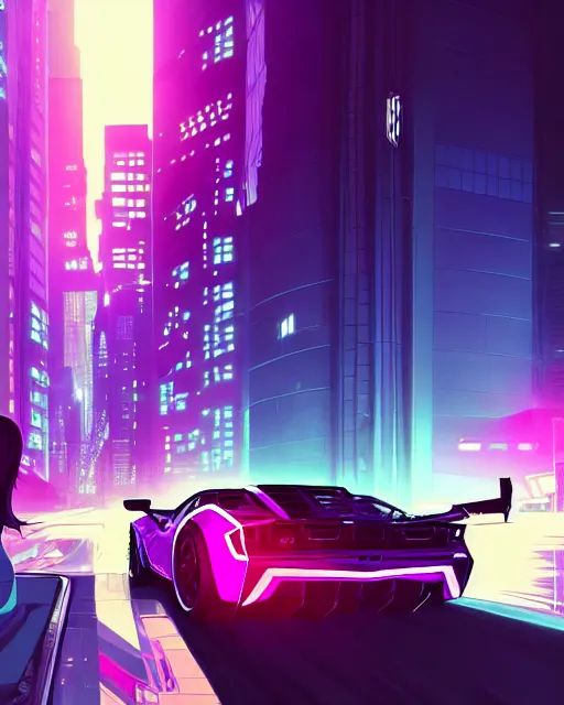 Image similar to digital illustration of cyberpunk pretty girl with blue hair, standing in front of a purple lamborghini, in city street at night, by makoto shinkai, ilya kuvshinov, lois van baarle, rossdraws, basquiat