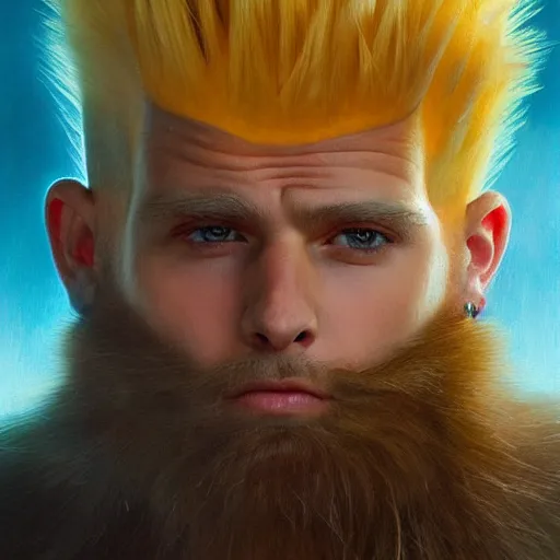 Image similar to portrait of bart simpson as a real human, soft hair, muscular, half body, leather, hairy, d & d, fantasy, intricate, elegant, highly detailed, digital painting, artstation, concept art, smooth, sharp focus, illustration, art by artgerm and greg rutkowski and alphonse mucha