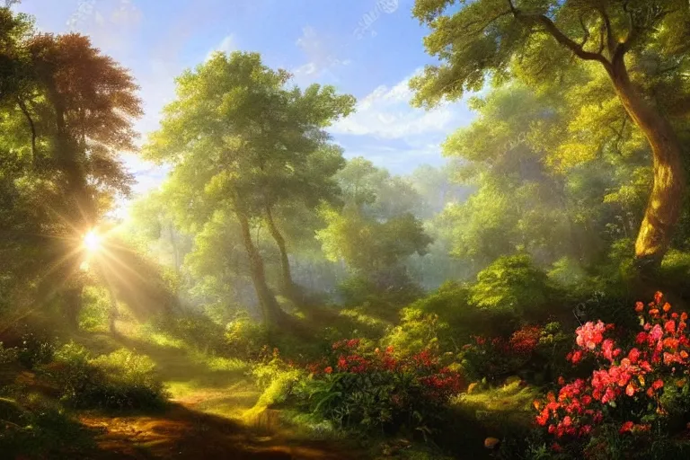 Image similar to lush forested landscape dense with trees and flowers, sunbeams streaming through the foliage, dreamy realism